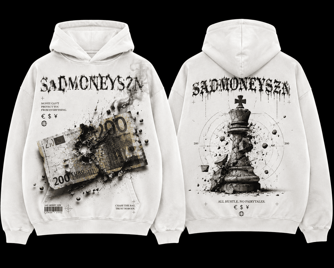 Sad Money Hoodie — scorched euro note front, shattered chess king back